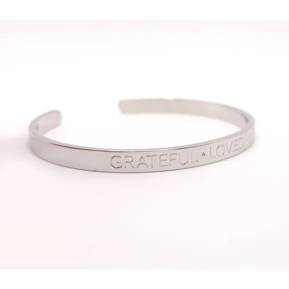 Talbots Engraved Silver Tone Bangle Bracelet Grateful Loved Strong Motivational